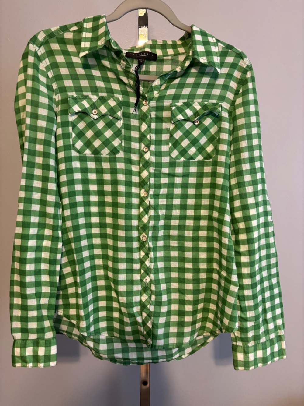 SANCTUARY Women’s button down shirt green and white checkered Small